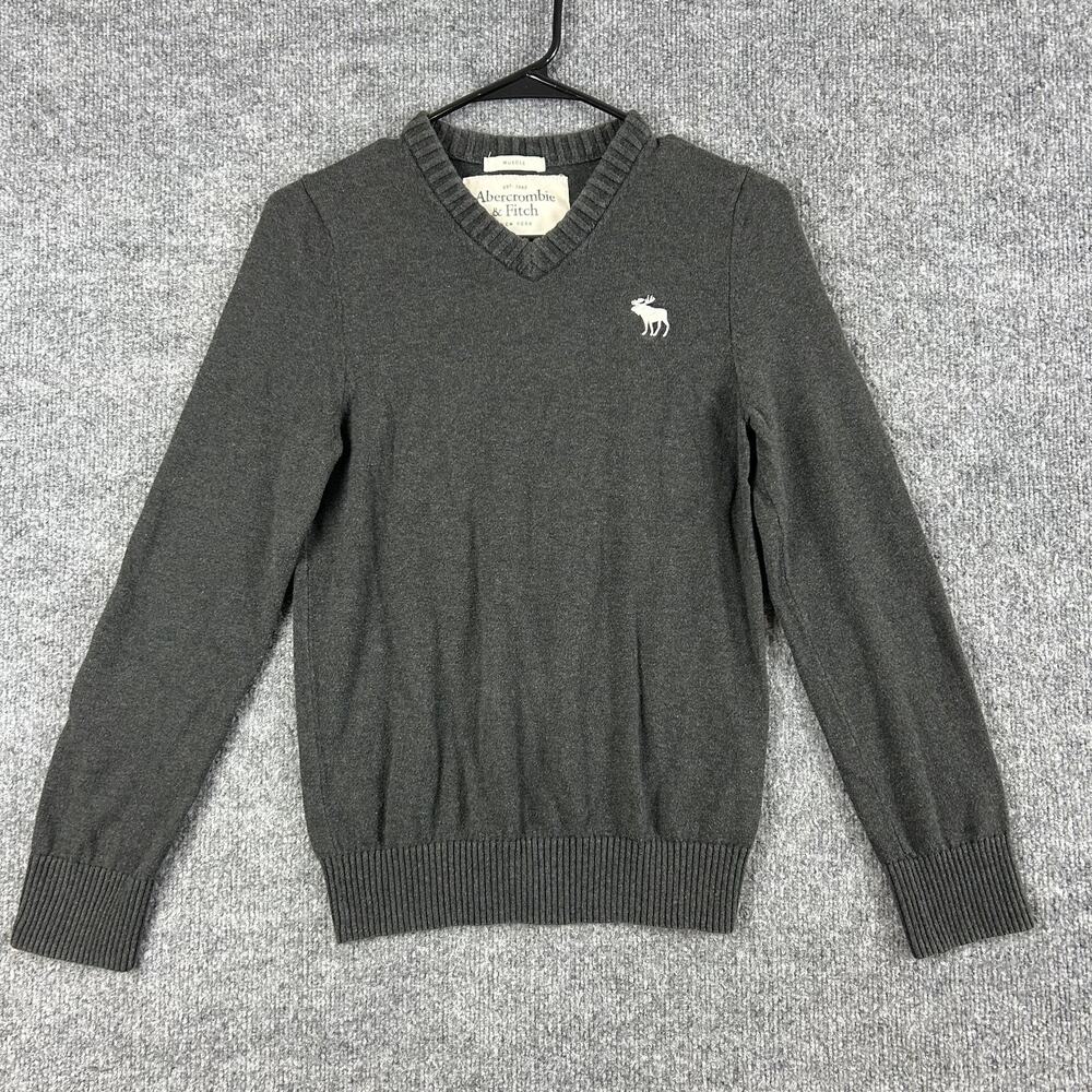 Abercrombie & Fitch Sweater Mens Small Muscle Gray Moose Logo Knit Casual Y2K